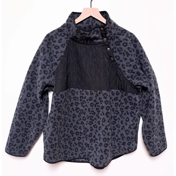 J. Crew XXL Plus Snap Fleece Pullover Jacket Black Gray Cheetah Sweater Retro - Picture 1 of 8